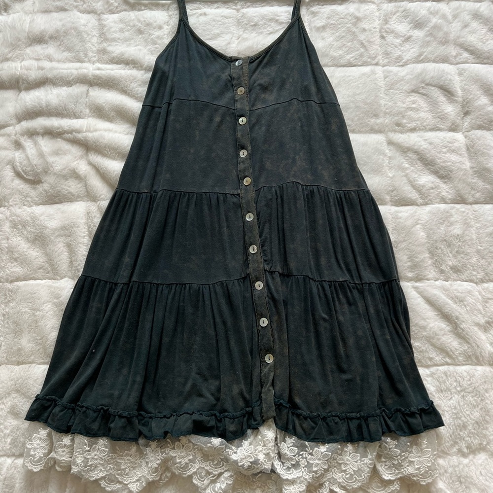 Evergreen Button Down Dress with Lace Trim